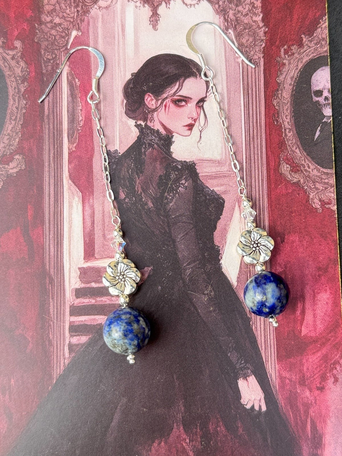 925 sterling silver earrings long earrings lapis lazuli & Austrian Crystals