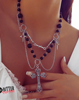 Layered Gothic Cross Necklace Purple Beads Star Charms Barbed Wire Choker