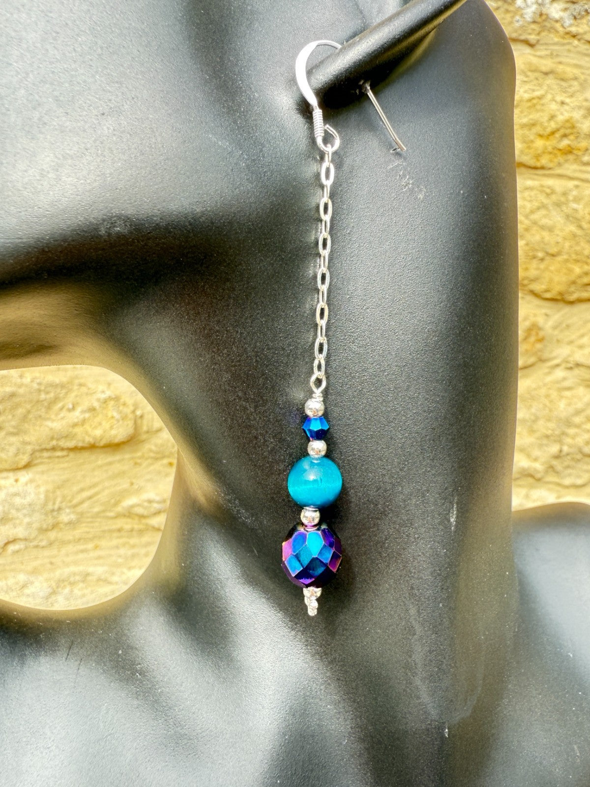 Vintage Crystal Sterling Silver Earrings Long Earrings Cats Eye Earrings