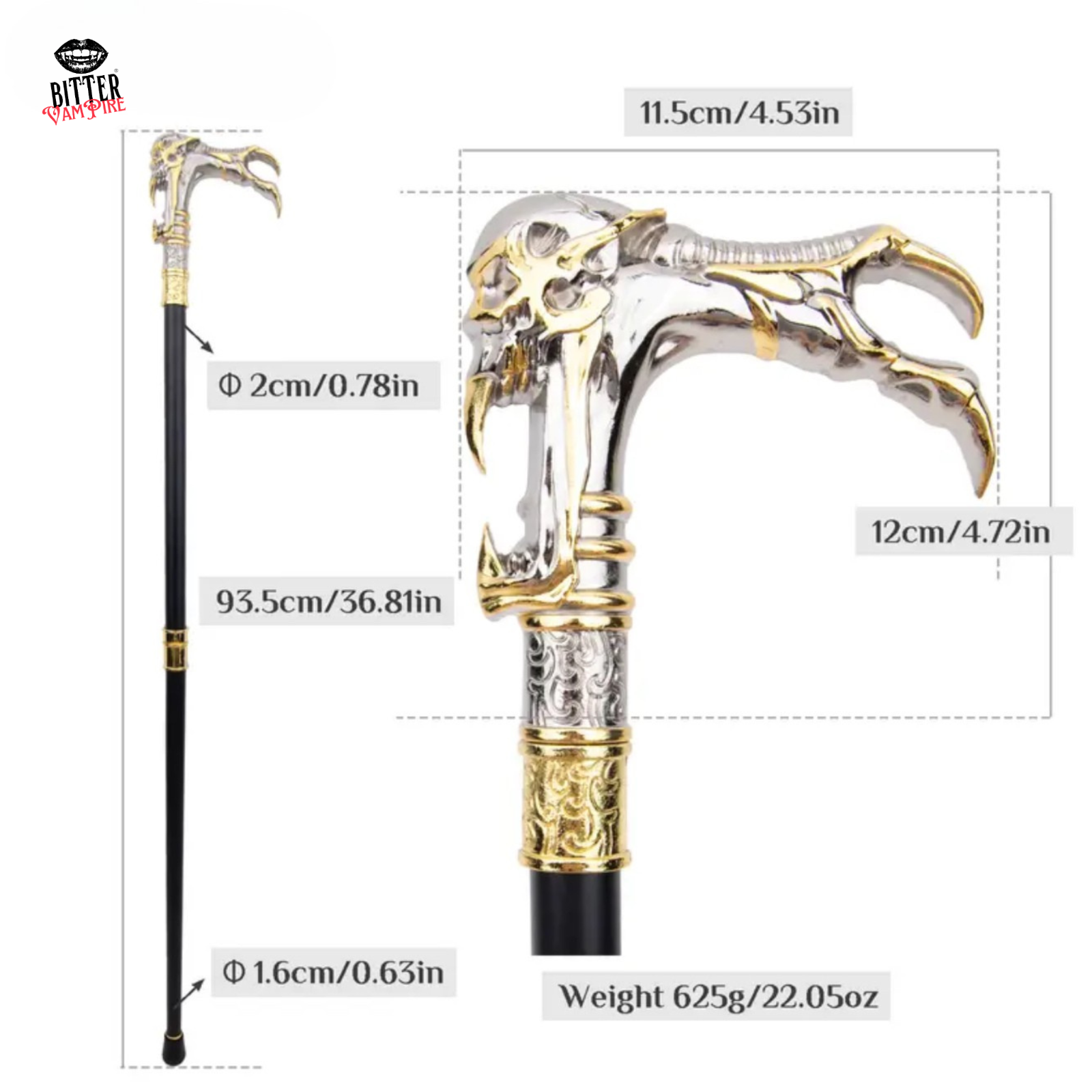 Steal Their Souls – Gothic Vampire Skull Cane, Golden Talon Walking Stick