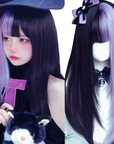 Split Black & Lavender Straight Wig with Fringe Gothic Lolita Cosplay Wig