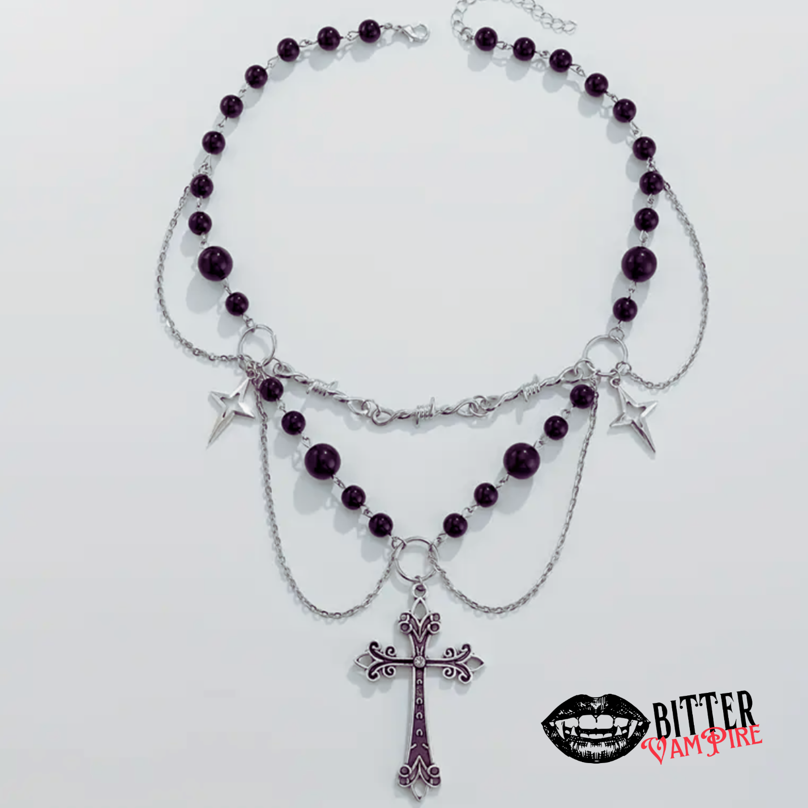 Layered Gothic Cross Necklace Purple Beads Star Charms Barbed Wire Choker