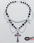 Layered Gothic Cross Necklace Purple Beads Star Charms Barbed Wire Choker