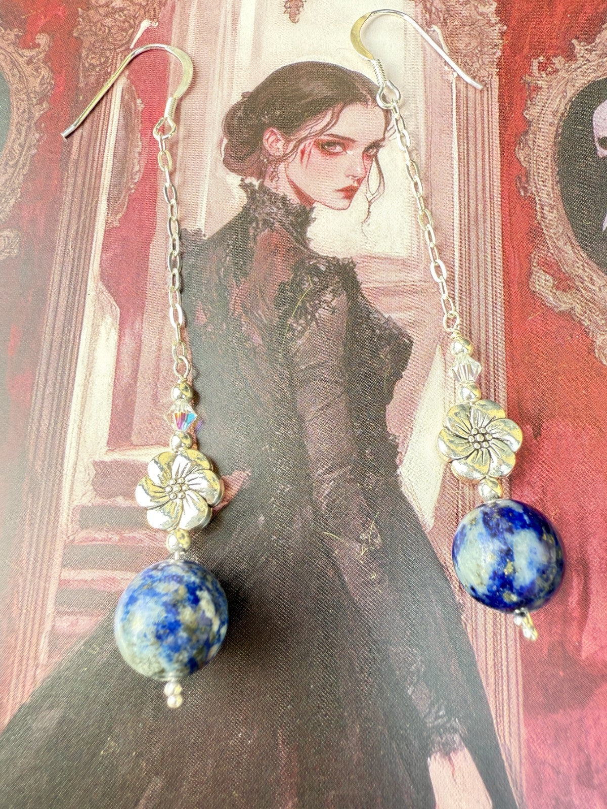 925 sterling silver earrings long earrings lapis lazuli & Austrian Crystals