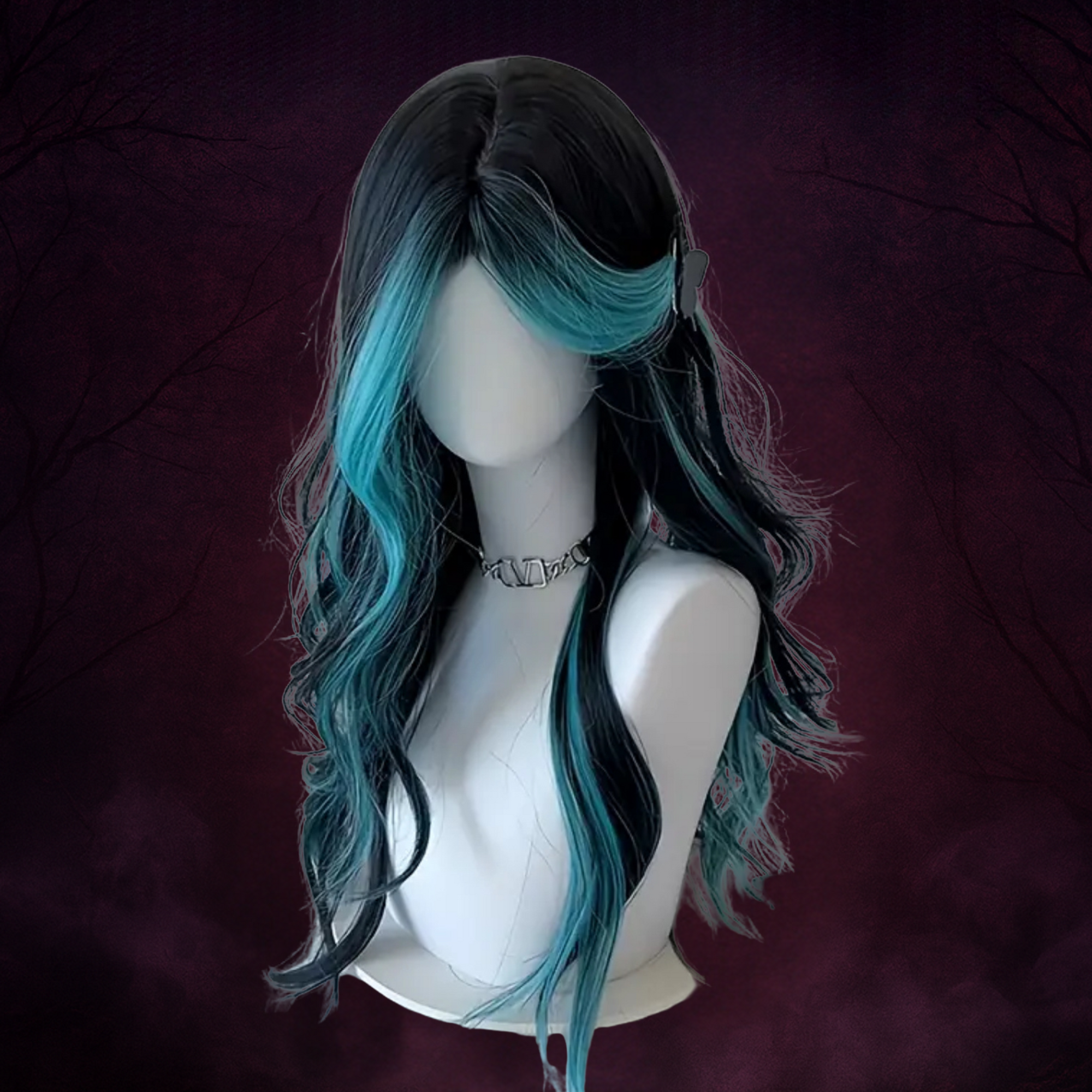 Siren’s Curse Wig – Black & Teal Long Wavy Cosplay Hair for Goth Transformations