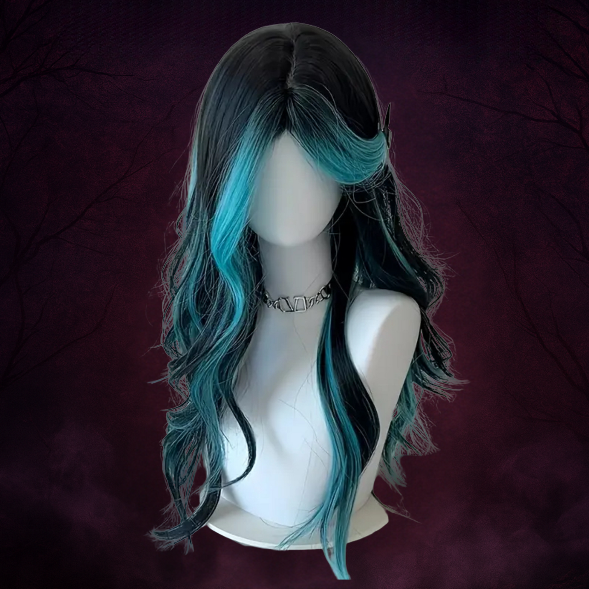 Siren’s Curse Wig – Black & Teal Long Wavy Cosplay Hair for Goth Transformations