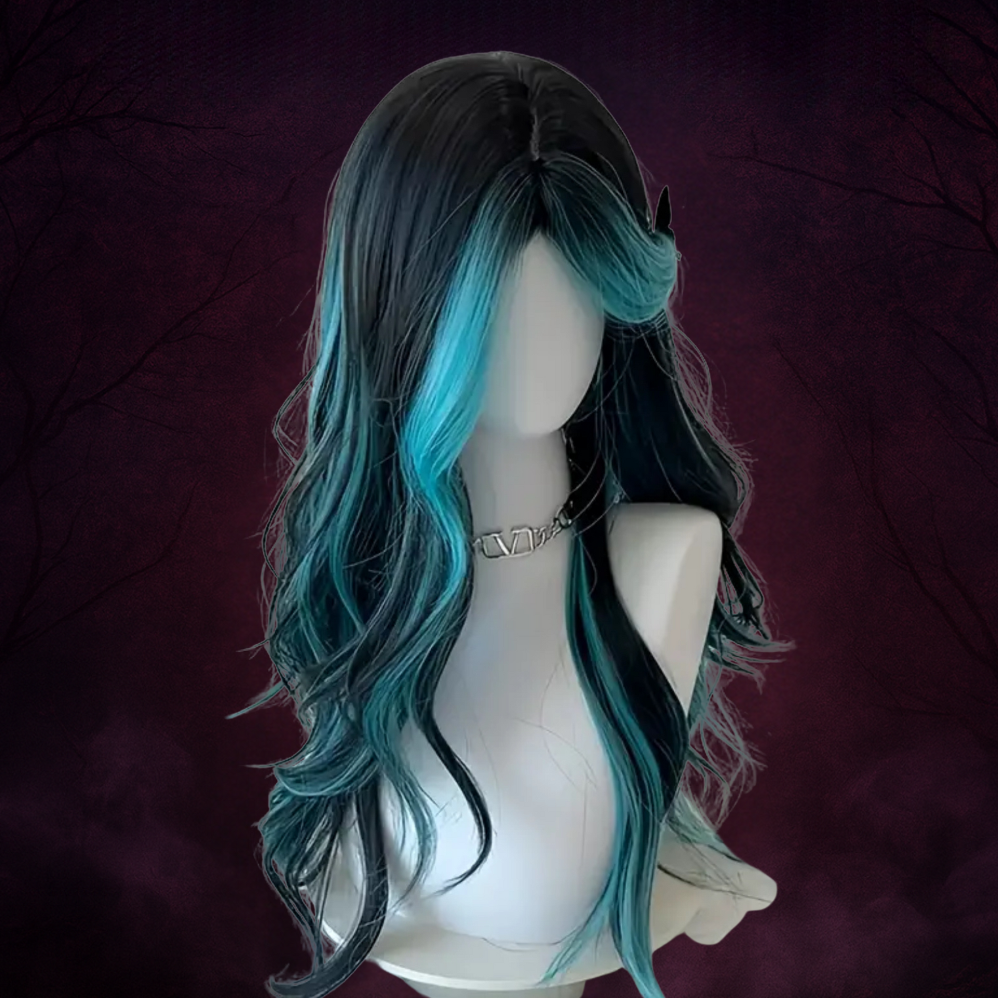 Siren’s Curse Wig – Black & Teal Long Wavy Cosplay Hair for Goth Transformations