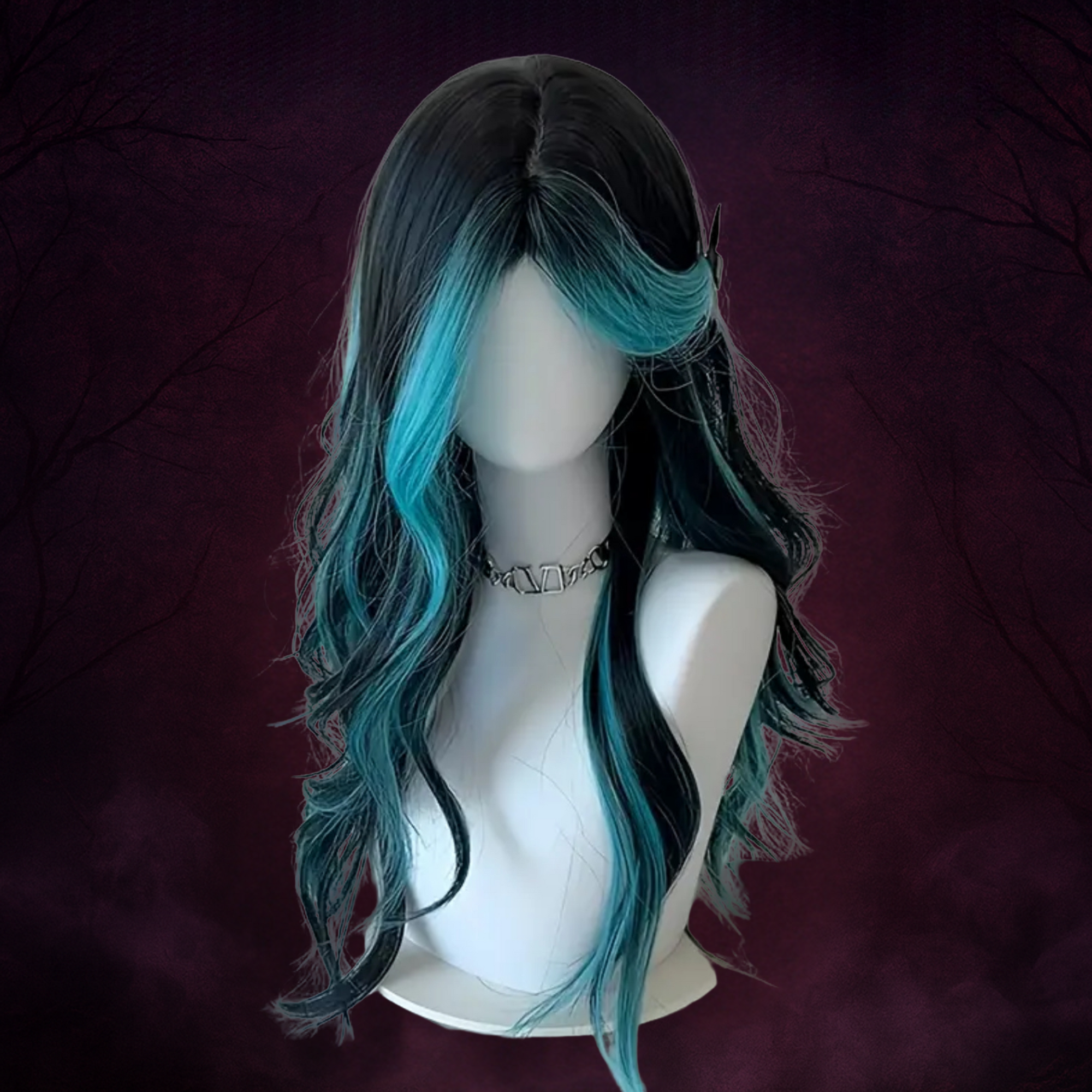 Siren’s Curse Wig – Black & Teal Long Wavy Cosplay Hair for Goth Transformations
