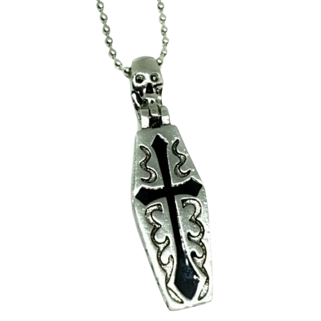 Opening Coffin Necklace with Skeleton Inside Gothic Cross Pendant Alt Jewellery