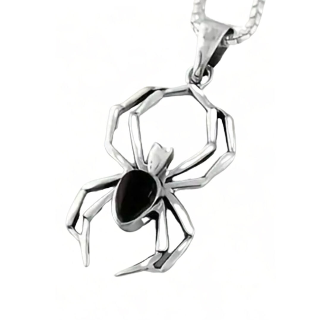 Gothic Spider Necklace Unisex Halloween Pendant Black Stone Silver Chain