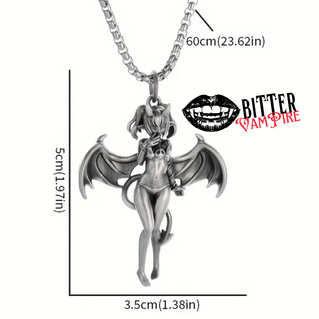 Devil Girl Necklace Gothic Pendant Bat Wings Succubus Alt Jewellery