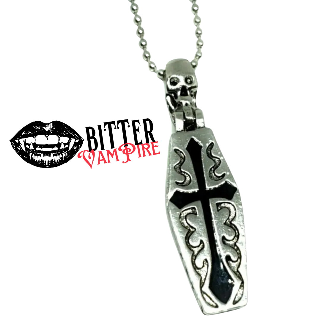Opening Coffin Necklace with Skeleton Inside Gothic Cross Pendant Alt Jewellery