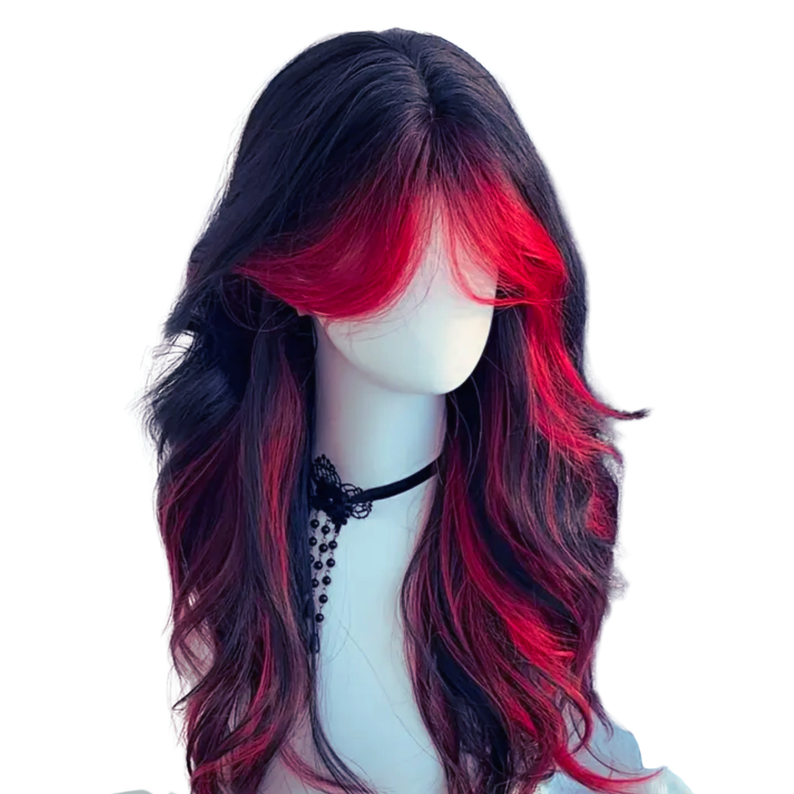 Red and Black Cosplay Wig with Curtain Bangs Gothic Layered Demon Hair 60cm