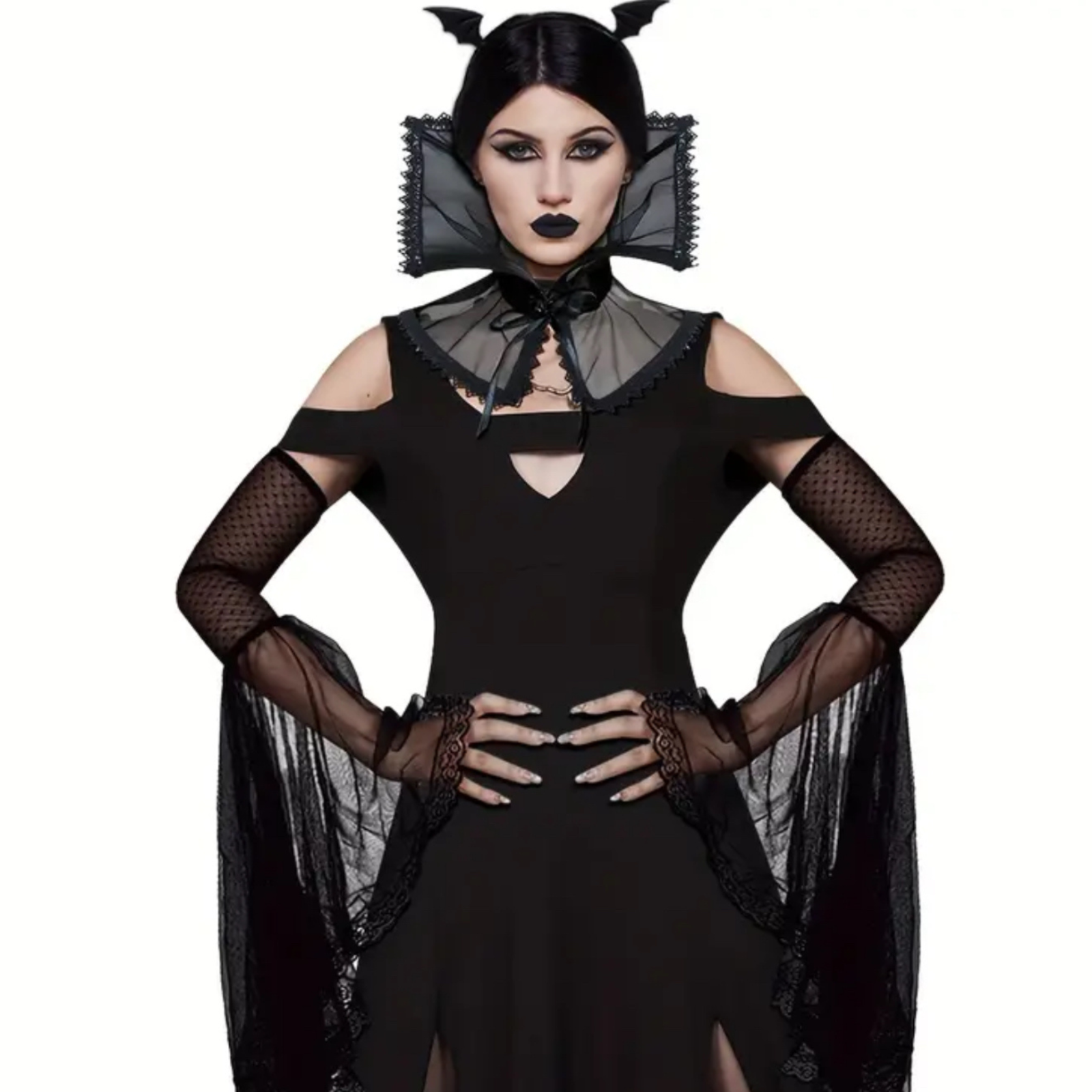 Neck Drama Included – Gothic Vampire Collar & Sleeve Set Sheer Lace Cosplay
