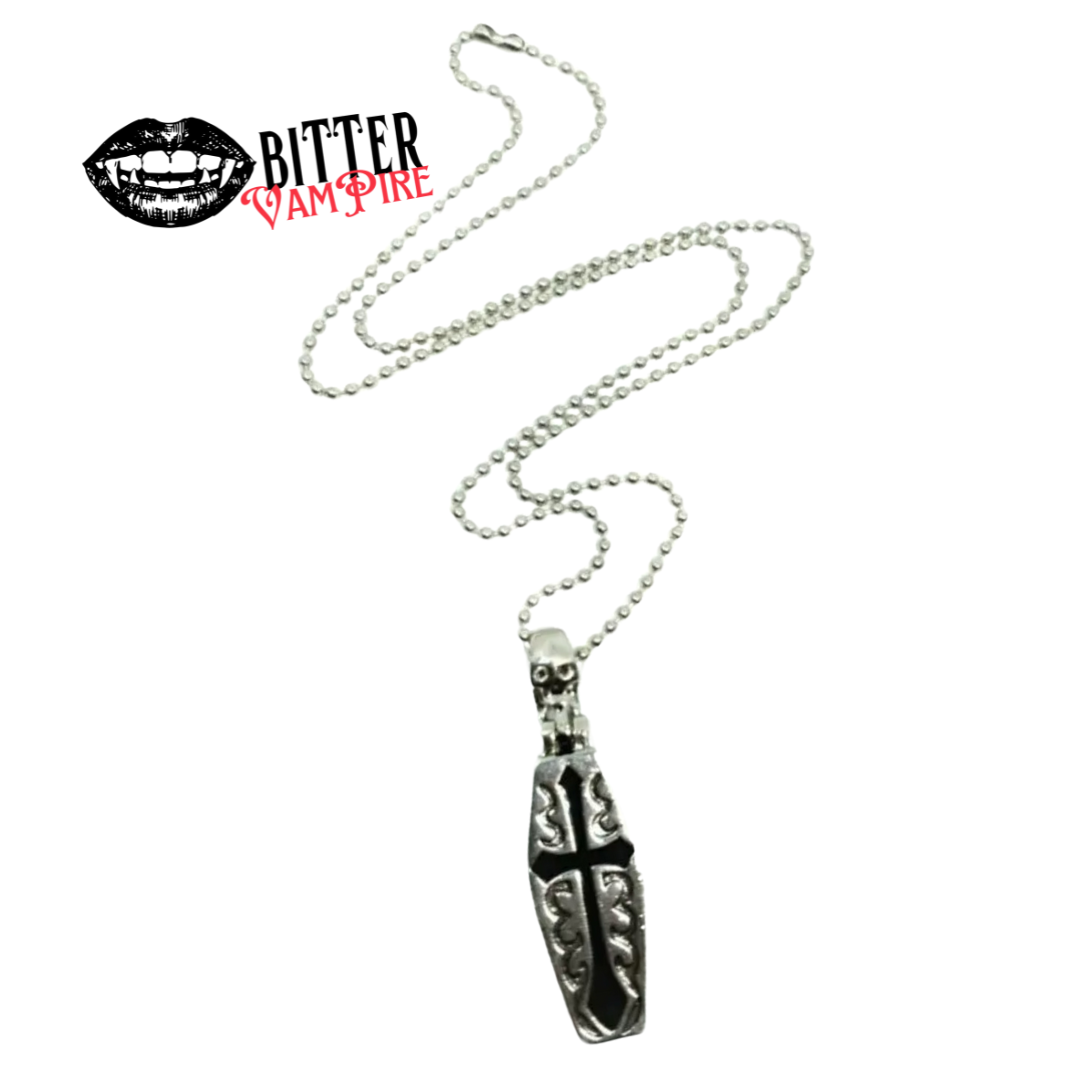 Opening Coffin Necklace with Skeleton Inside Gothic Cross Pendant Alt Jewellery
