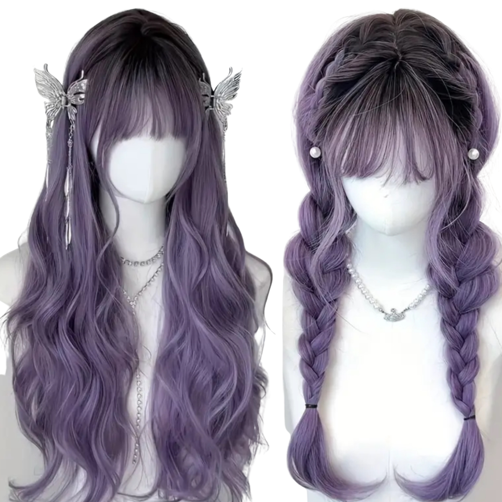 Long Wavy Lavender Wig with Bangs Adjustable Cosplay Wig for Goth, Anime Fairy