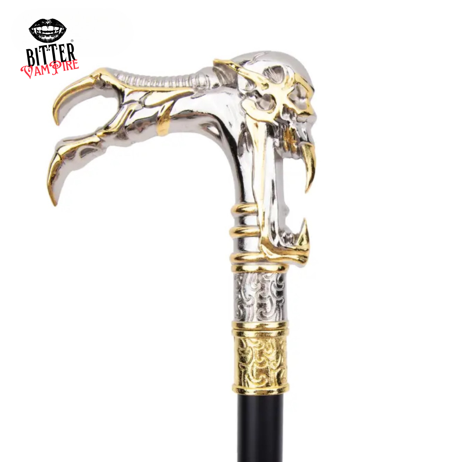 Steal Their Souls – Gothic Vampire Skull Cane, Golden Talon Walking Stick