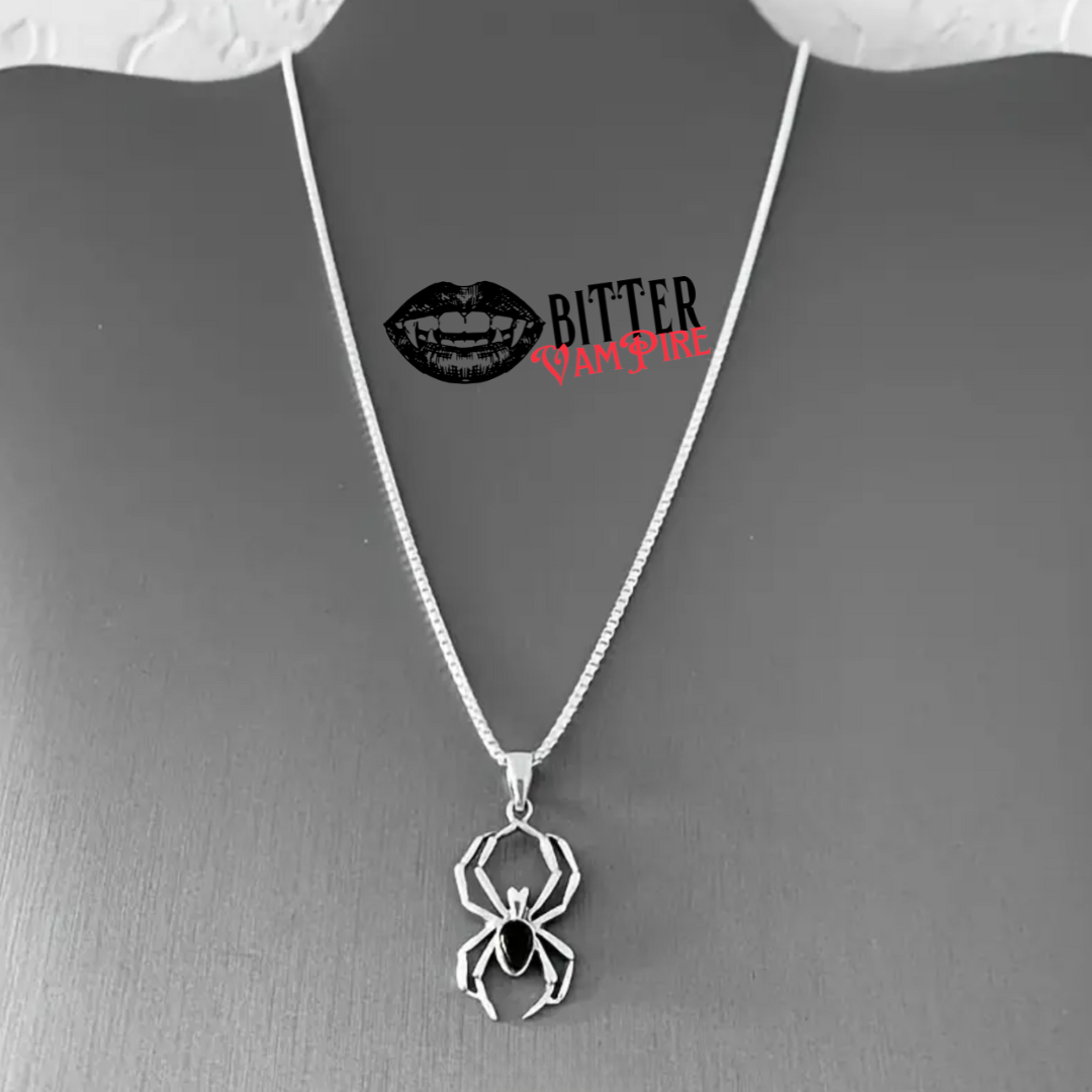 Gothic Spider Necklace Unisex Halloween Pendant Black Stone Silver Chain