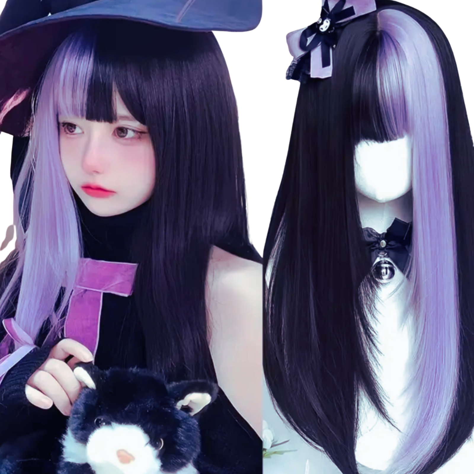 Split Black & Lavender Straight Wig with Fringe Gothic Lolita Cosplay Wig