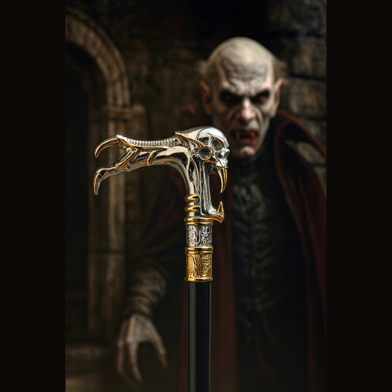 Steal Their Souls – Gothic Vampire Skull Cane, Golden Talon Walking Stick