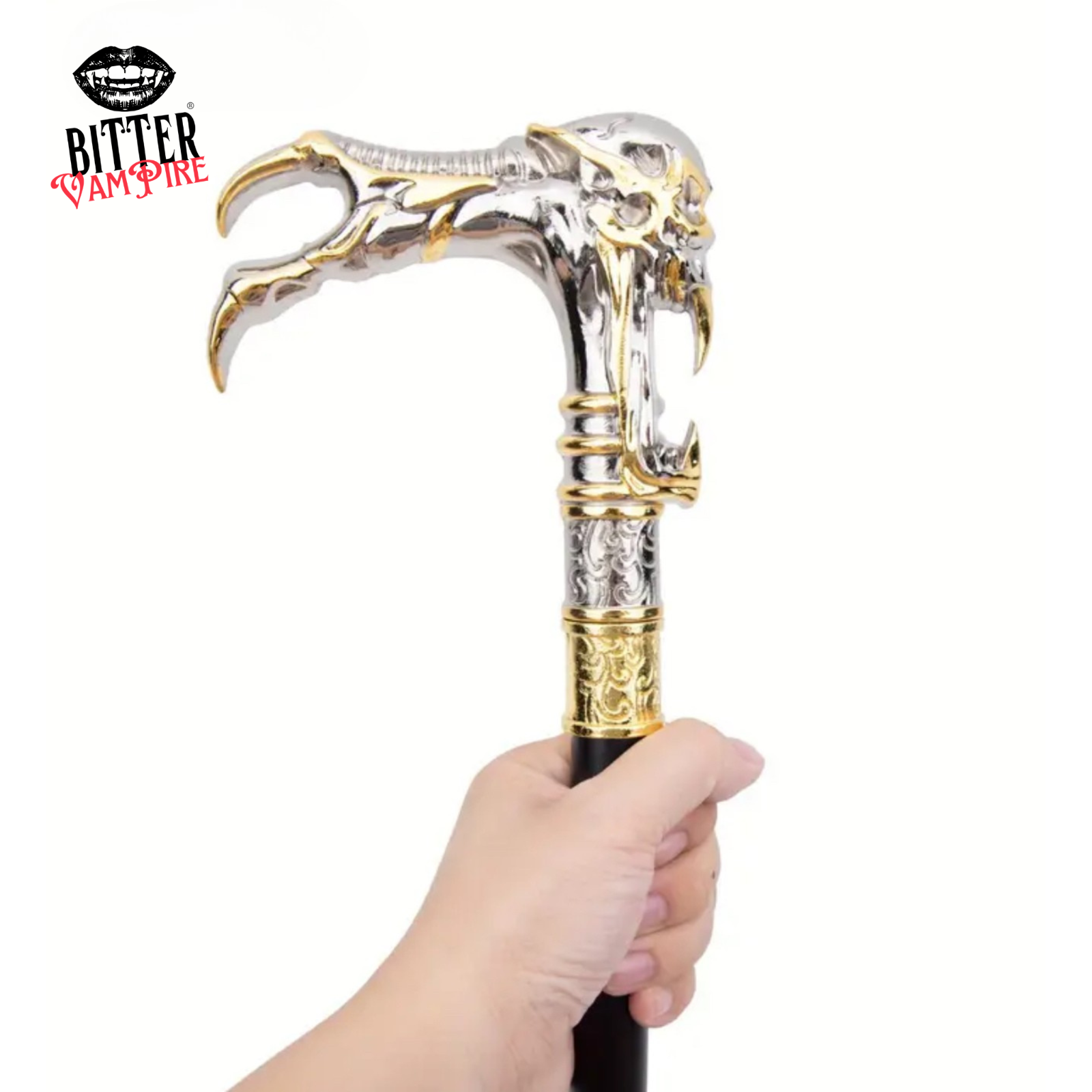 Steal Their Souls – Gothic Vampire Skull Cane, Golden Talon Walking Stick