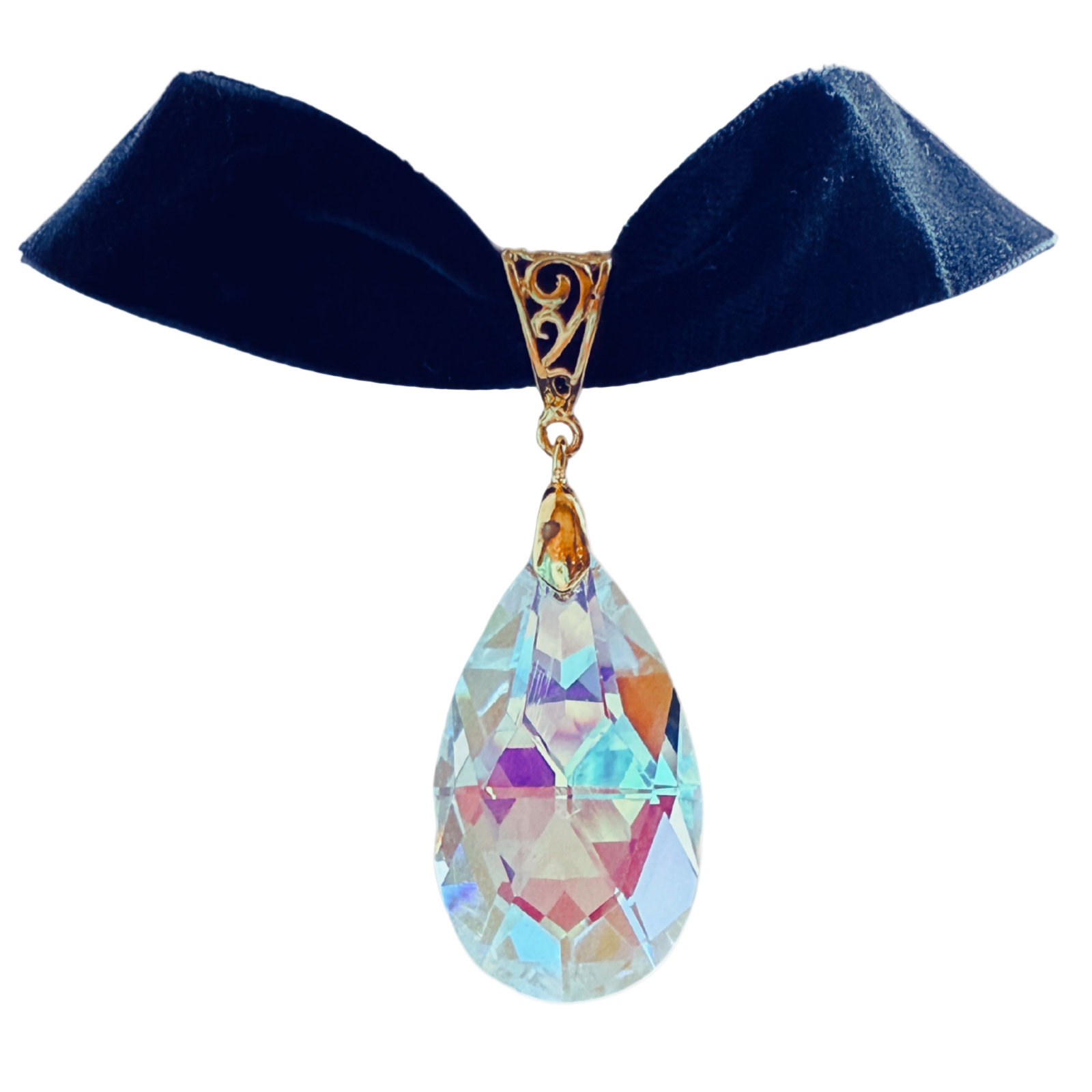Black Velvet Crystal Choker | Teardrop Pendant Gothic Necklace for Vampire Style