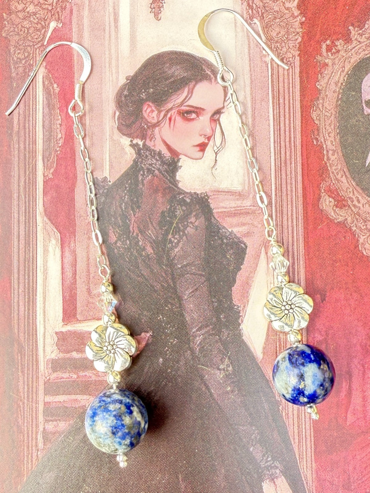 925 sterling silver earrings long earrings lapis lazuli & Austrian Crystals