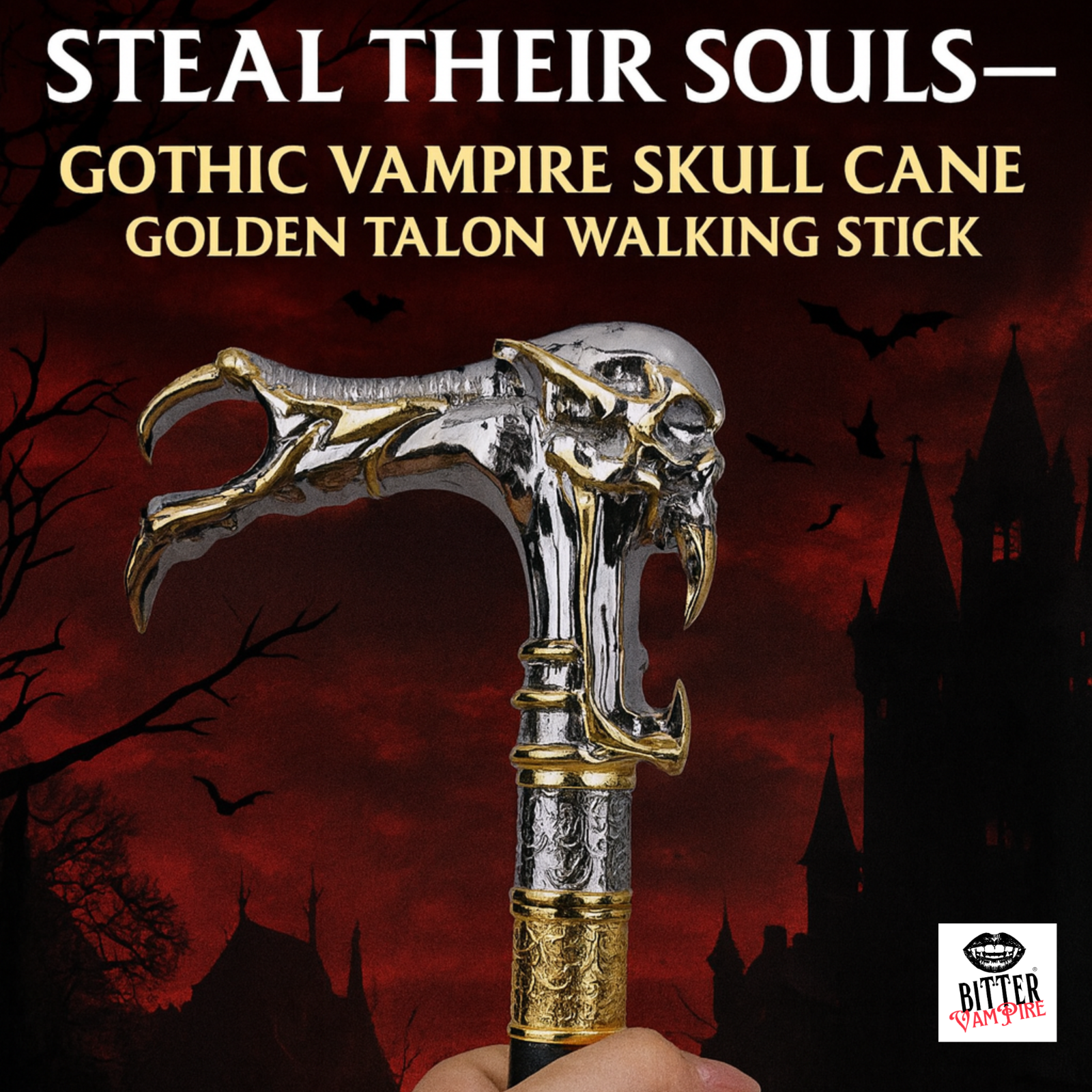 Steal Their Souls – Gothic Vampire Skull Cane, Golden Talon Walking Stick