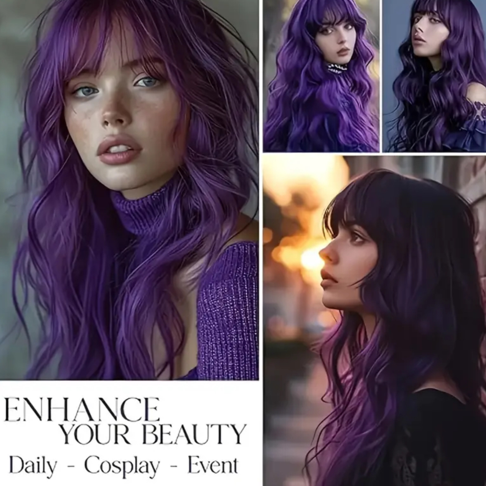 Long Wavy Purple Wig with Fringe Cosplay Wig for Goth, Anime & Everyday Glam