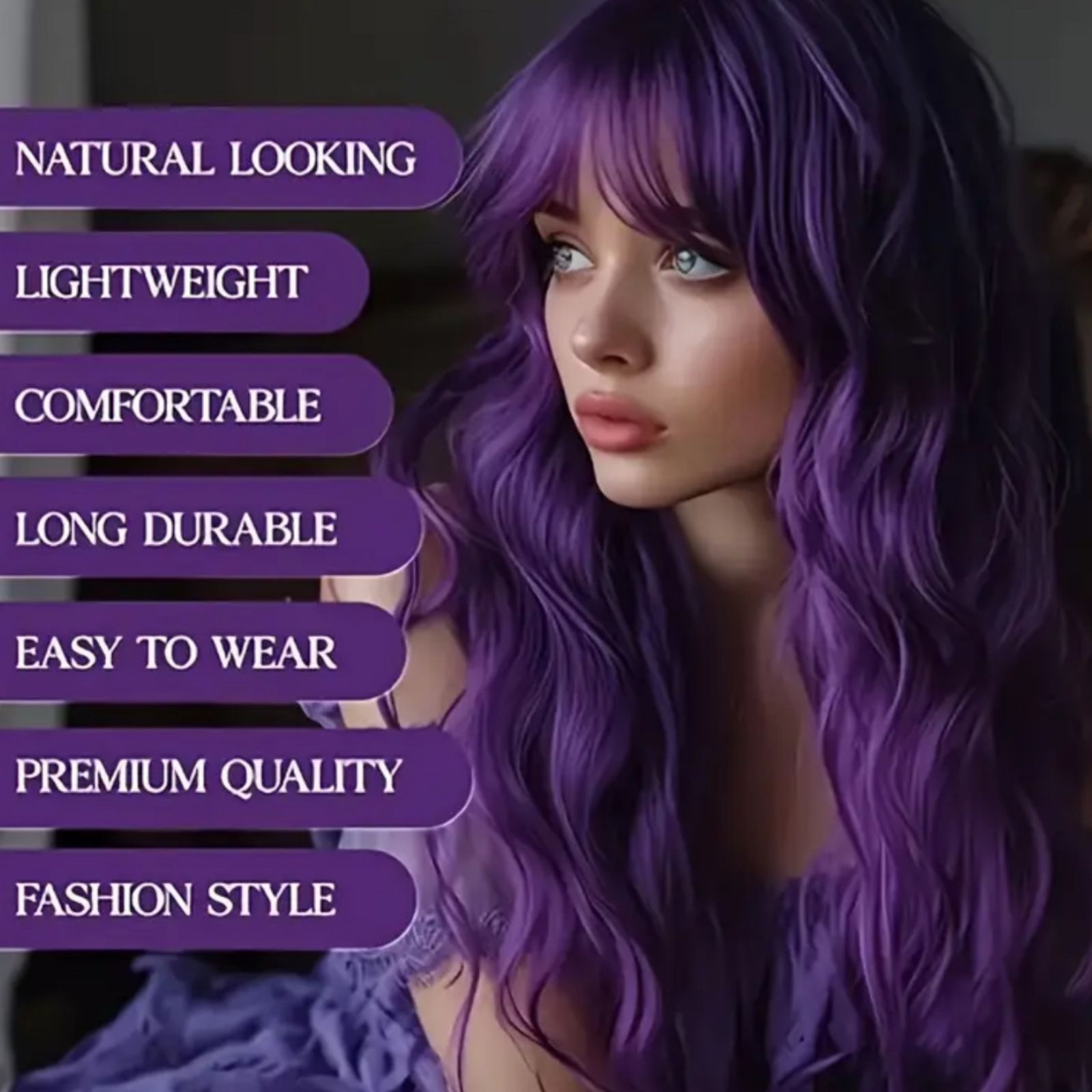 Long Wavy Purple Wig with Fringe Cosplay Wig for Goth, Anime & Everyday Glam