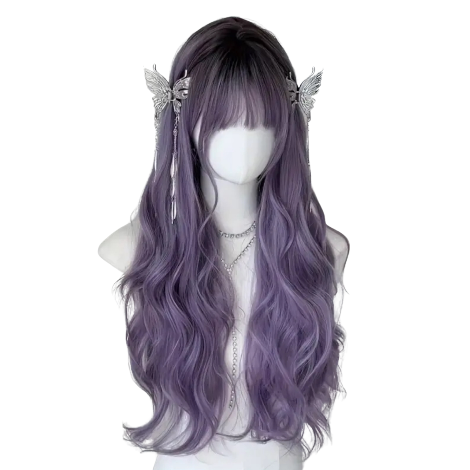 Long Wavy Lavender Wig with Bangs Adjustable Cosplay Wig for Goth, Anime Fairy