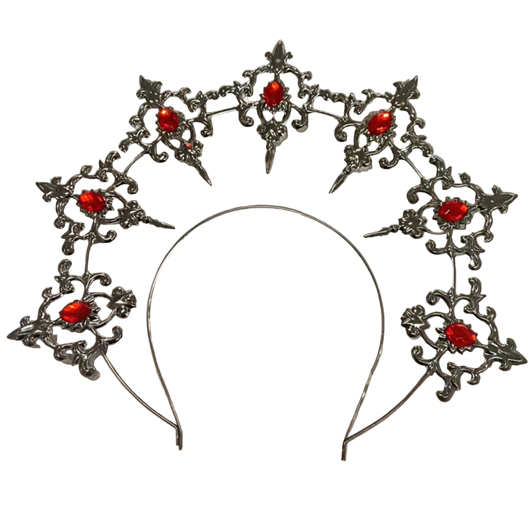 Decorative headband with intricate silver design and red stones