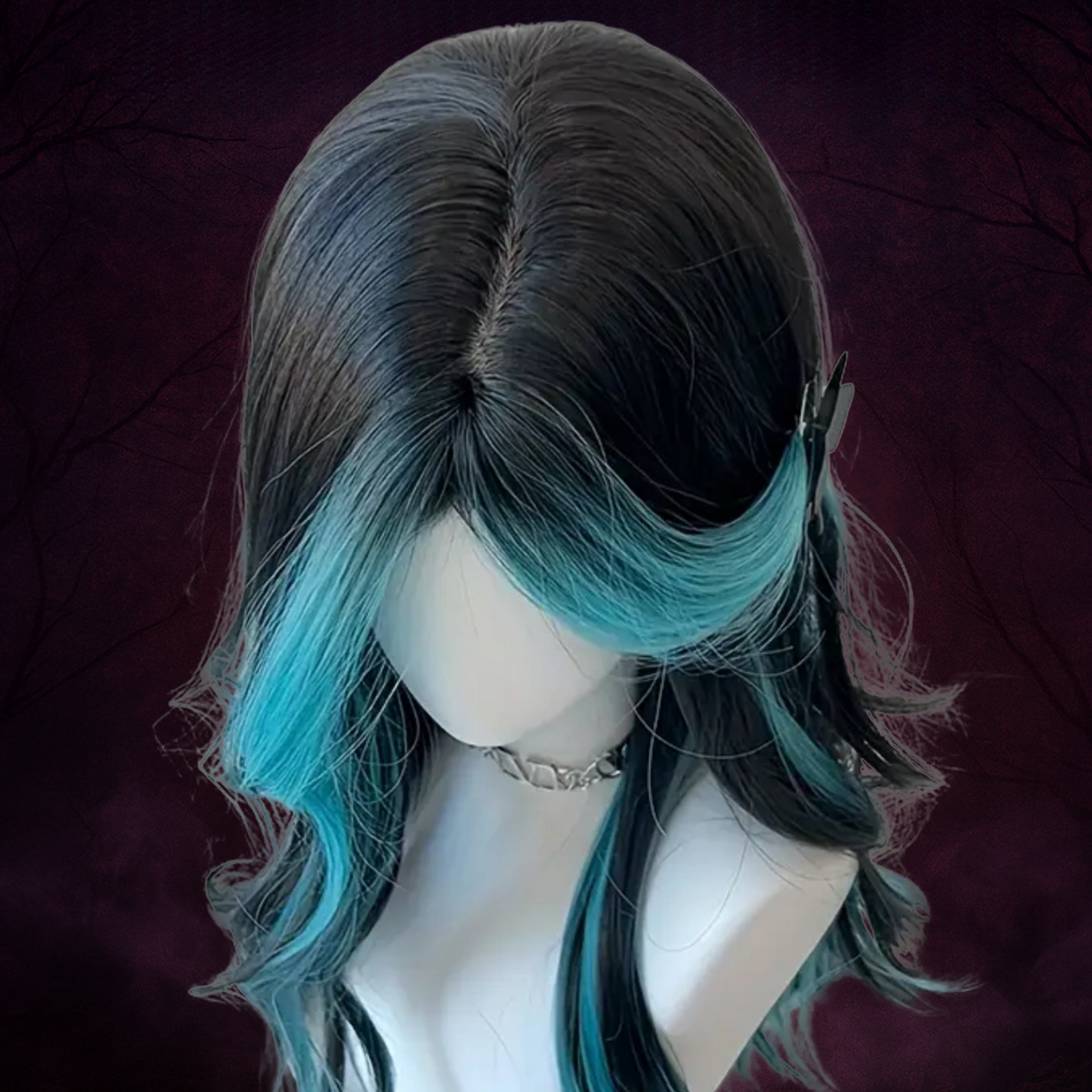 Siren’s Curse Wig – Black &amp; Teal Long Wavy Cosplay Hair for Goth Transformations