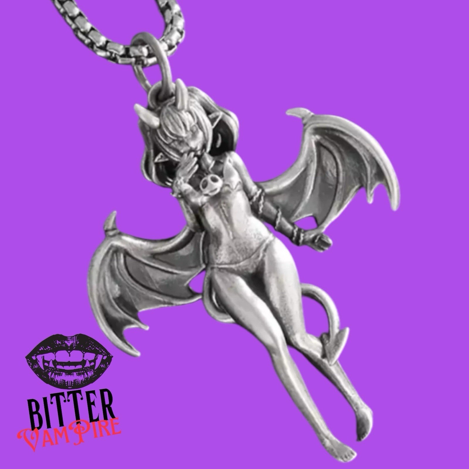 Devil Girl Necklace Gothic Pendant Bat Wings Succubus Alt Jewellery